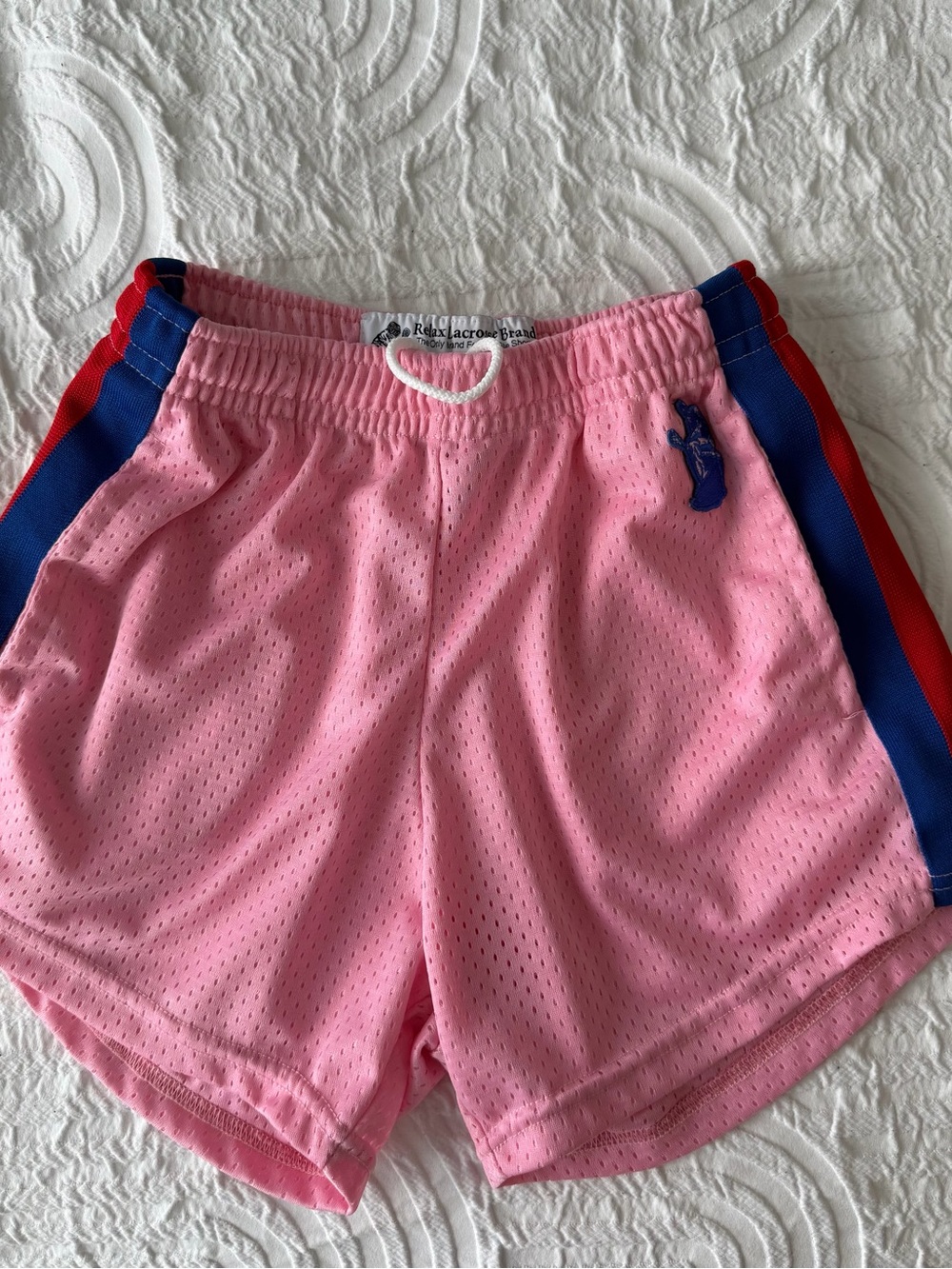LaCrosse Pink Mesh Athletic Shorts with Blue and Red Side Stripes